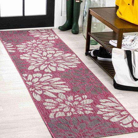 Jonathan Y Zinnia Modern Floral Textured Weave Fuchsia/Light Gray 2 ft. x 8 ft. Indoor/Outdoor Runner Rug SMB110F-28