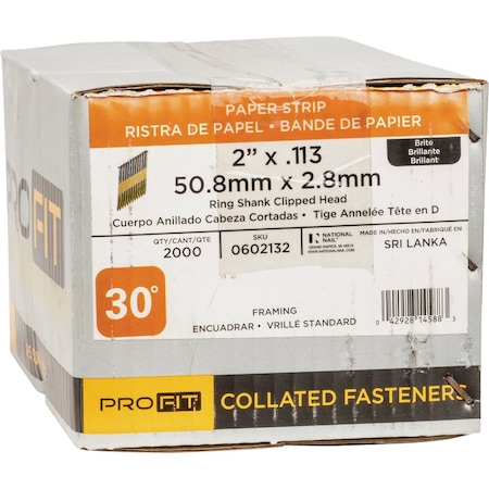 Pro-Fit 2'' x 0.113'' 30 Degree Paper Tape Ring Shank Clipped Head Brite Framing Stick Nails, 2000 Ct. 602132