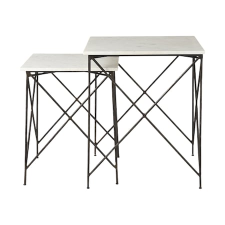 Homeroots Set of Two White and Black Marble and Metal Square Nested Tables, 2PK 393198