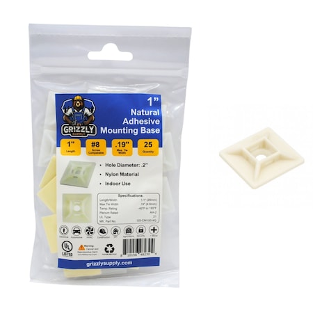 Grizzly Supply Adhesive Cable Tie Mounts, 1 in Sq, Nylon 6/6, .2 in Slot Wd, Natural, 25PK GS-CM100-9Q