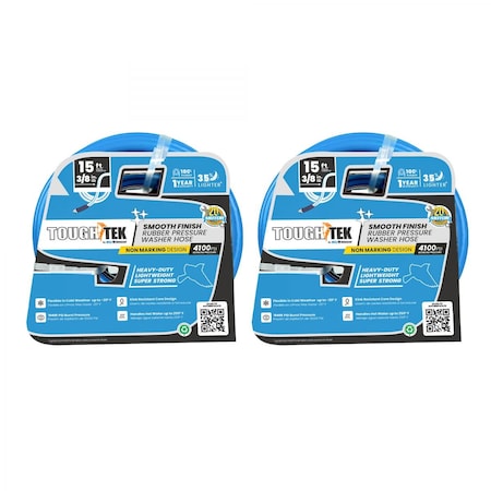 Blu Shield Tough Tek 3/8in. x 15' Rubber Pressure Washer Hose, 4000-16000 PSI, Kevlar Reinforced, 2PK TTPW3815-NM-2pk