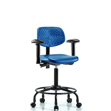 Blue Ridge Ergonomics Poly Chair Round Tube Base, Med Bench, Tilt, Arms, Casters, Blue BR-PMBCH-RT-T1-A1-RC-BLU