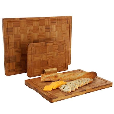 Megachef 3 Piece Bamboo Checkered Pattern Cutting Board Set with Storage Holder 750123804M