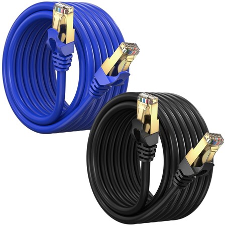 Maximm 1.5ft Flat Cat7 SFTP Shielded Ethernet Cable, 2PK, Black/Blue, 2PK CAT71.5FTBlack-Blue-2Pk