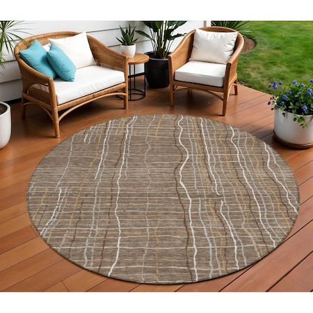 Homeroots 8' Taupe Brown And Ivory Round Striped Washable Indoor Outdoor Area Rug 597441