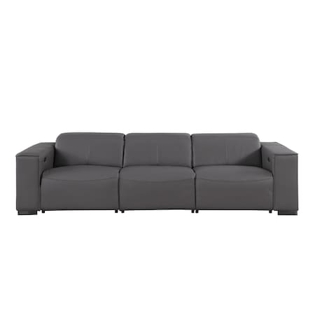 Homeroots 110" Dark Gray Top Grain Leather Reclining Metal USB Sofa 720302