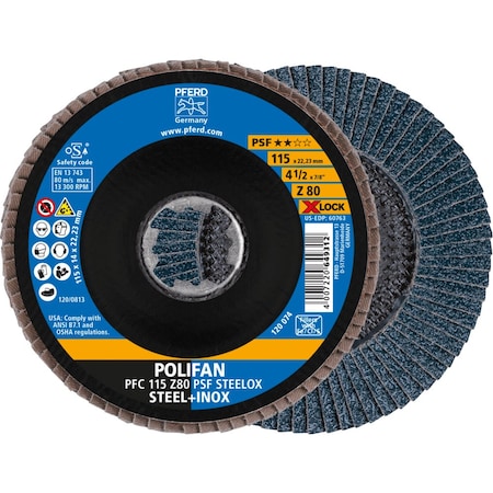 Pferd 4-1/2'' X-LOCK POLIFAN Flap Disc - Z PSF STEELOX, Zirconia, 80 Grit, Conical 60763
