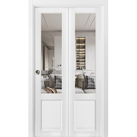 Sartodoors Sliding Closet Bi-fold Doors, Lucia 1533 White Silk with Clear Glass, Sturdy Tracks Moldings Trims LUCIA1533BF-BEM-72 x 80 (2* 36x80)