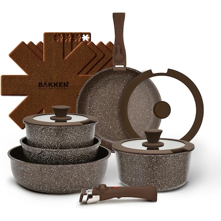Bakken- Swiss Kitchen Cookware Set, Nonstick Granite Coating, Pots and Pans with Handles and Tempered Glass Lids BKCWSTK15BRWN