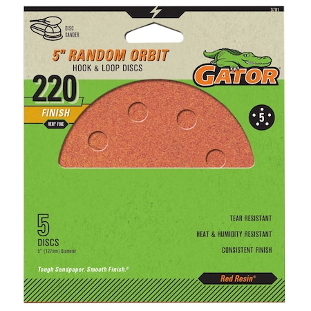 Gator Finishing Red Resin 5 in. Random Orbit Hook and Loop Sanding Discs, 220 Grit, Very Fine, 5PK 3781
