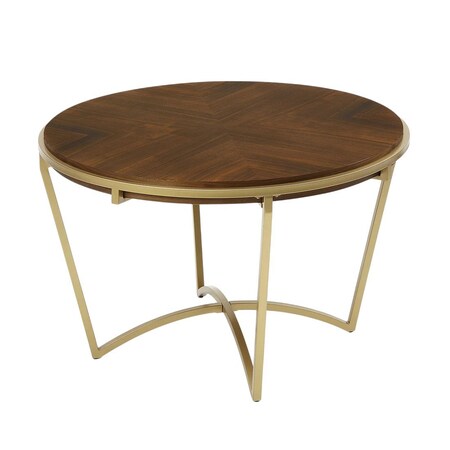 Homeroots 46" Brown And Gold Solid Wood And Metal Trestle Base Round Top Dining Table 602330