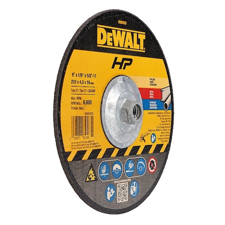 Dewalt Cut-Off & Grinding Wheel, Type 27, 9 in Dia, 0.125 in Thick, 5/8"-11 Arbor Hole Size, 24 Grit DW8439