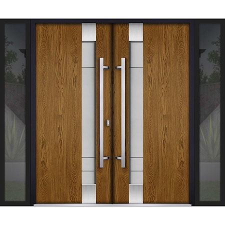 Vdomdoors Steel Double Doors Deux 1713 Natural Oak 2 Black Sidelight Exterior Windows Stainless Inserts Singl DEUX1713DEXD-OAKB-RH-W14+72+14 x H80