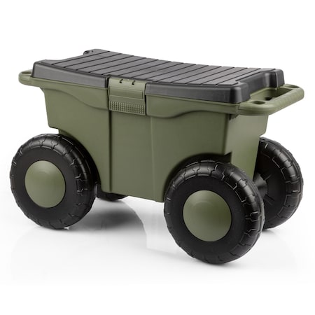 Pure Garden Rolling Garden Cart w/ Seat Plastic Storage w/ Bench & Interior Tool Tray Gardening Stool 50-LG1502