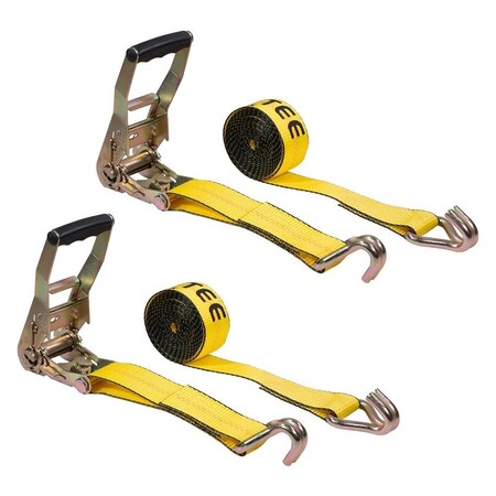 Mytee Products 2PK 2inx12ft Ratchet Strap w/J Hooks for Flatbed Trailer - 10000lbs BS Yellow, 2PK RS212WHx2