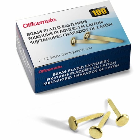 Officemate International Officemate Round Head Fastener, 1" Length Shank, 3/8" Head, Brass Plated, 100/Box 99814