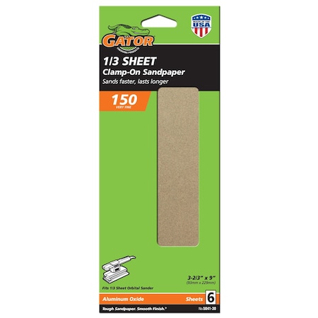 Gator Finishing 1/3 Sheet Clamp-On Sandpaper, 150 Grit, 6PK 5041
