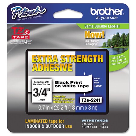 Brother TZe X-Strength Adhesive Laminated Label Tape, 0.7x26.2 ft, Blk on Wht TZES241