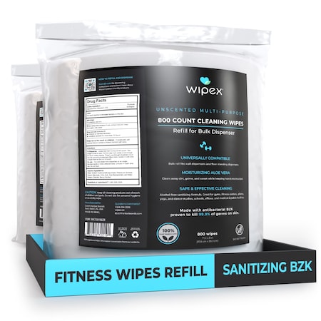 Wipex Plastic-Free Sanitizing Wipes 800ct Refills, 1600 Antibacterial Hand Wipes for Gym & Fitness, 2PK WX72019BZR-2