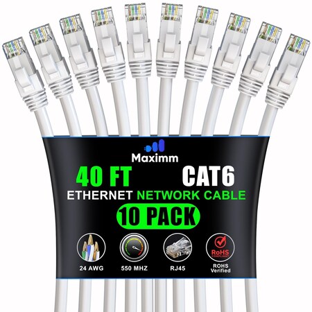 Maximm Cat6 Ethernet Cable 40ft 10Gbps 550MHz UTP, 10PK, White, 10PK CAT6-CCA-40FTWHITE-10PK
