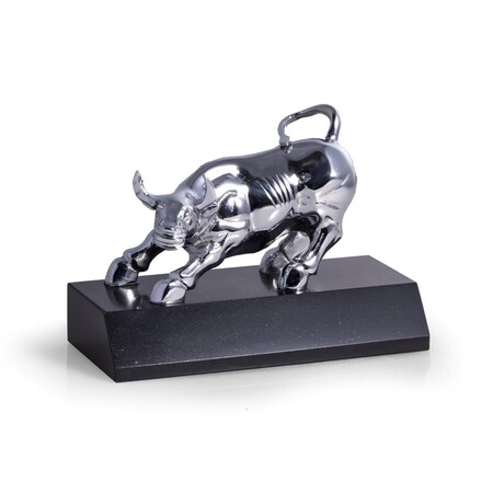 Stockage Supreme Chrome Plated Bull Sculpture on Black Marble Base, Black ST2537216