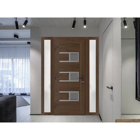 Vdomdoors Front Exterior Prehung Metal-Plastic Door, Manux 8933 Walnut, 2 Side Sidelite Transoms, Office Comm MANUX8933EXD-WLN-W12+32+12xH80-RH