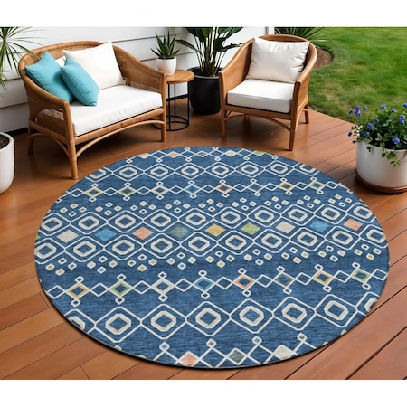 Homeroots 8' Navy Blue Ivory And Peach Round Geometric Washable Indoor Outdoor Area Rug 612204
