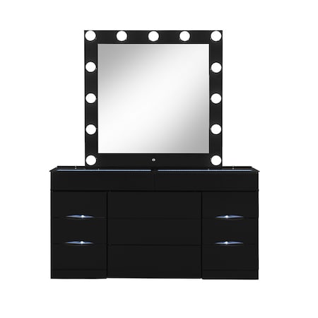 Homeroots 62" Black Wood And Glass Six Drawer Vanity Table With Mirror Seating And Lights 643652