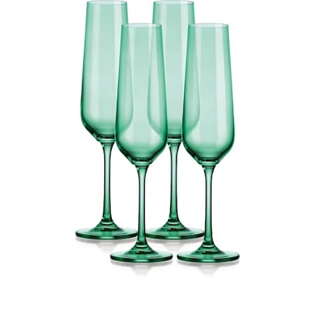 Homeroots Set of Four Green Crystal Narrowing Shape Stemmed Flute 485157