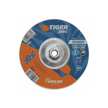 Weiler Tiger Grinding Wheel, 7 in dia x 1/4 in Thick x 7/8 in Arbor, 24 Grit, Zirconia Alumina, Type 27, 10PK 804-68380