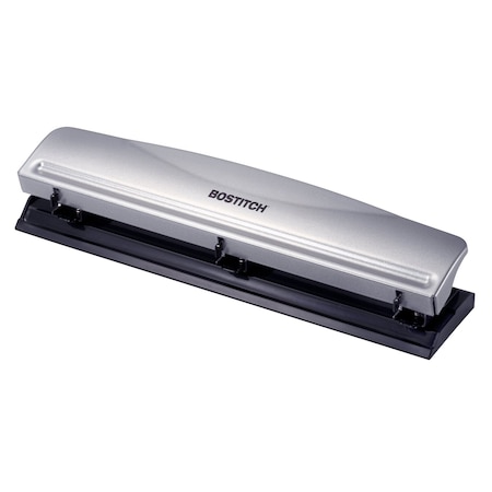 Bostitch Premium 3-Hole Punch, 12-Sheet Capacity, All-Metal, Rubber Base, Easy-Clean Tray, Silver HP12