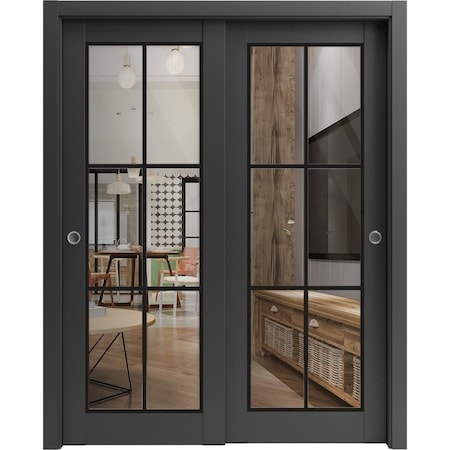 Sartodoors Sliding Closet Bypass Doors with Clear Glass, Lucia 2366 Matte Black and Aluminum Strips, Sturdy R LUCIA2366DBD-BLK-72 x 80 (2* 36x80)