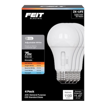 Feit Electric A19 E26 Medium LED Bulb Adjustable White 75 Watt Equivalence, 4PK OM75DM/5CCTCA/4