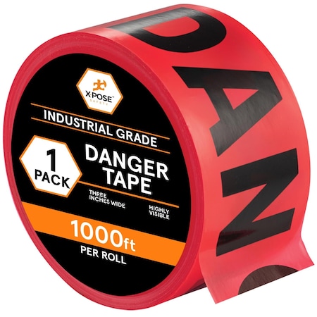 Xpose Safety Danger Tape Roll, 3 Inch Wide x 1000 Feet, Red w/Black Letters PDT-1-X