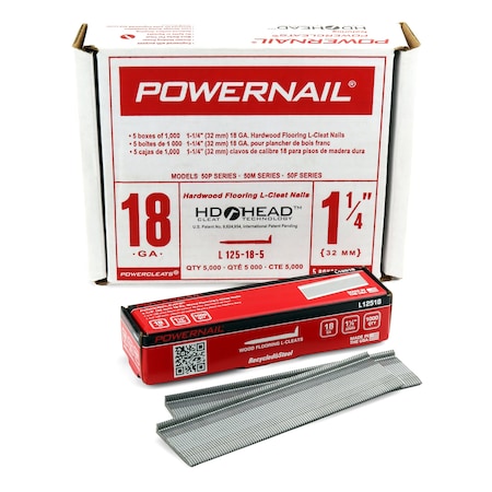 Powernail Collated Flooring Nail, 1-1/4 in L, 18, L-Head Head, 5000 PK L125185