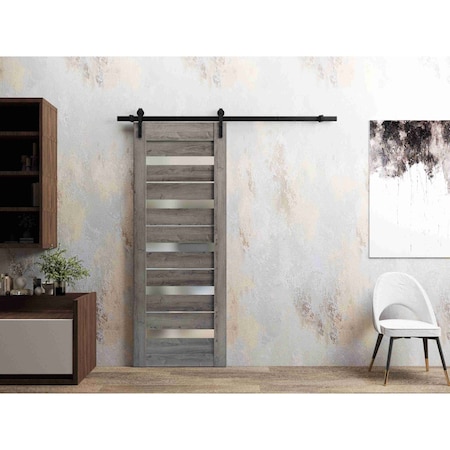Sartodoors Sturdy Barn Door 30 x 84in, Nebraska Grey W/ Frosted Glass, 6.6FT Rail Hangers Heavy Hardware Set QUADRO4445BD-B-NEB-3084