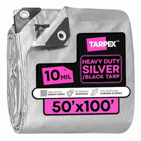 Tarpex Heavy Duty Tarp, 50 ft x 100 ft, 10 Mil, Silver/Black, Polyethylene STH-TA-50100