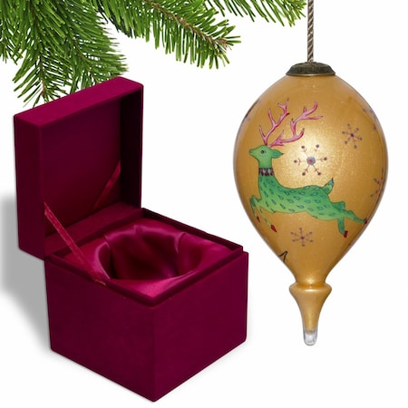 Homeroots Golden Reindeer and Snowflakes Hand Painted Mouth Blown Glass Ornament 477500