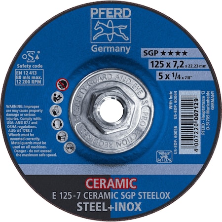 Pferd 5" x 1/4 Grinding Wheel, 5/8-11 Thd. - CERAMIC SGP STEELOX - Type 27 60064