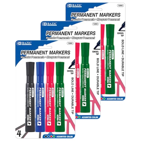Bazic Products Desk Style Permanent Markers, Chisel Tip, Assorted Colors, 12PK 1260