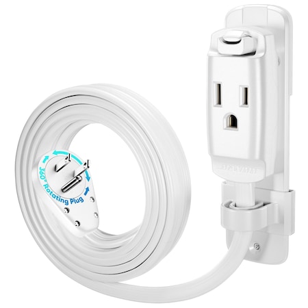 Maximm 10ft 14AWG Heavy Duty AC Extension Cord, 360 degrees Flat Plug, White ADW-S360-C6F10-14W0-WM