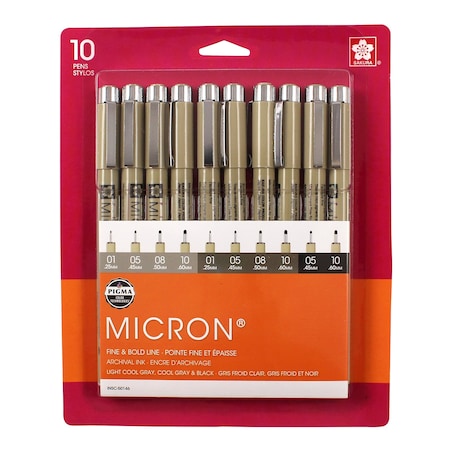 Sakura Pigma Micron Pens, Black & Grays, Assorted Sizes, 10-Piece Set, Blister Card 50146