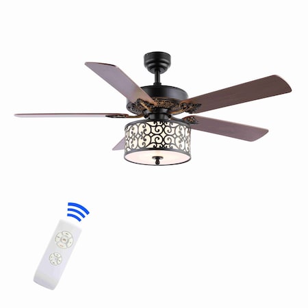 Jonathan Y Paolo 52" 3-Light Farmhouse Industrial Iron Scroll Drum Shade LED Ceiling Fan w/ Remote, Black/White JYL9612A