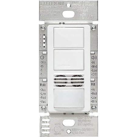 Lutron Wall Mount Sensor, Occupancy, Vacancy, Hard Wired, White, 900 sq ft, Fluorescent, Halogen, Incandescent, LED MS-B202-WH