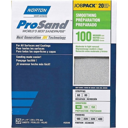 Norton Co ProSand 07660768173 Sanding Sheet, 11 in L, 9 in W, Medium, 100 Grit, Aluminum Oxide Abrasive 2640