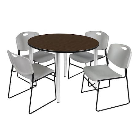 Regency Round Kahlo Breakroom Table W/ 4 Zeng Stack Chairs, 48 in W, 48 in L, Neo Walnut TPL48RNDNWCM44GY