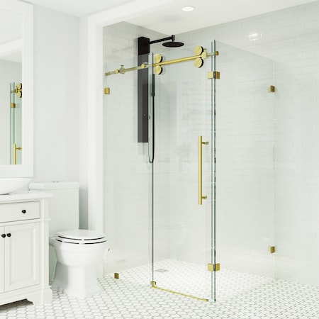 Vigo 34 in. L x 46 in. W x 74 in. H Frameless Sliding Rectangle Shower Enclosure in Matte Gold VG6051MGCL48