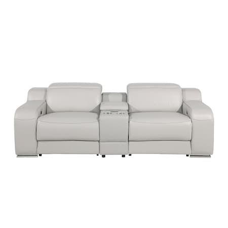 Homeroots 89in Light Gray and Silver Italian Leather Power Reclining Loveseat With Storage 633755