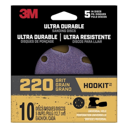 3M Ultra Durable 5 inch Power Sanding Discs, Universal Hole, 220 grit, 12PK DISC5IN10PK220