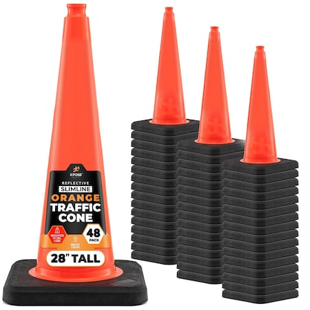Xpose Safety 28 Inch Multipurpose PVC Orange Traffic Slim Line Cone 10lb base, 48PK OTC28SL-10L-48-X